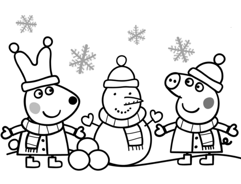 Coloring page Peppa and Rebecca made a snowman